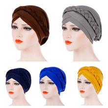 Chapéu com turbante em testa para mulheres, cor pura, trança interna de algodão, envoltório indiano hijab, toucas, envoltório interno muçulmano 2024 - compre barato