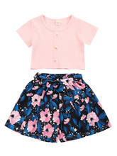 New Kids Girl Clothes Sets Solid Short Sleeve T-shirt Tops Floral Printed Bow Shorts Bottom 2PCS Set 2024 - buy cheap