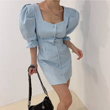 Solid Blue woman dress Square collar High Waist Casual holiday dresses for women Puff Sleeves Loose Fit Mini vestidos 2021 2024 - buy cheap