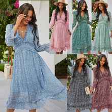 Leosoxs 2021 Spring Autumn New Fashion Sexy Deep V Neck Women's Dress Casual Solid Floral Print Flared Sleeves Empire Lady Dress 2024 - buy cheap