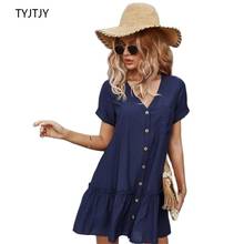 Tyjtjy-novo vestido curto para mulheres, 2021, casual, gola v, estilo single-breasted, moda verão 2024 - compre barato