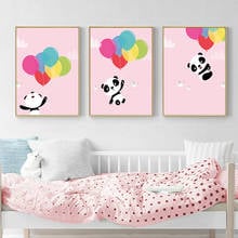 Cartel de lona con diseño de osos Panda para decoración de paredes, pintura en lienzo rosa de dibujos animados, decoración nórdica para dormitorio de niños, decoración para habitación de bebé 2024 - compra barato