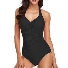 Sexy Halter One Piece Swimsuit Solid Swimwear Women Pleated Monokini Tummy Control Swim Suit Push Up Bathing Suit Pad Open Back 2024 - buy cheap