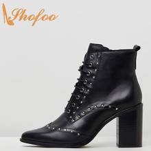 Black Ankle Boots Woman High Chunky Heels Pointed Toe Rivet Zipper Lace Up Booties Ladies Fashion Shoes Large Size 12 15 Shofoo 2024 - buy cheap