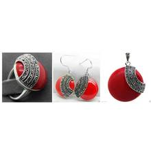 Fashion designed Red Carved Lacquer Marcasite 925 Sterling Silver Ring Earrings & Pandent jewelry sets 2024 - buy cheap