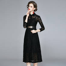 Alta qualidade camisa feminina elegante renda primavera outono vestido longo feminino escritório festa robe designer vintage preto vestidos 2024 - compre barato