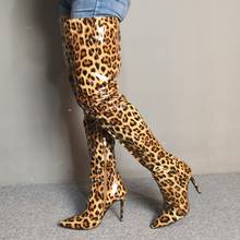 Fotos reais mulheres coxa alta brilhante salto alto stiletto bico fino super sexy leopardo sapatos de festa feminino tamanho americano 5-15 2024 - compre barato