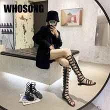 Women Sandals Woman Rivet Shoes Gladiator Knee High Flats Ladies Sandals Female Black Brand Sandals Fashion Zapatos De Mujer New 2024 - buy cheap