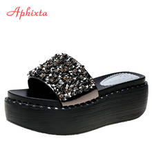 Aphixta Women Bling Slip On Slippers 2020 New Korean Platform Wedges Shoes Ladies Summer Flip Flops Rhinestone Beach Slides 2024 - buy cheap