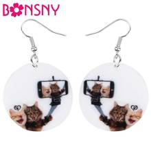 Bonsny Acrylic Double Cat Selfie Round Earrings Drop Dangle Decorations Jewelry For Women Girls Teens Charm Party Gift Accessory 2024 - buy cheap