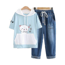 Women Sets Top And Pants Cartoon Print Hooded T Shirt With Elastic Waist Embroidery Calf Length Denim Pants Summer Clothes Sets 2024 - buy cheap