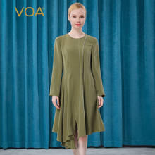 VOA 30m/m Heavy Silk Round Neck Long Sleeve Mustard Green and White Line Arch Needle Asymmetric American Mid-length Dress AE508 2024 - buy cheap