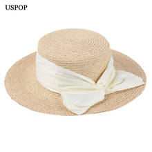 USPOP 2020 Women sun hats wide brim flat top straw hats female natural raffia straw hats big bow beach hat 2024 - buy cheap