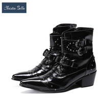 Christia Bella Rivets Men Motorcycle Boots Fashion Pointed Toe Party Real Leather Ankle Boots Mid Heel Cowboy Boots Male Botas 2024 - buy cheap