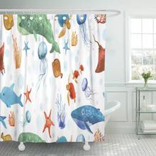 Ocean Animals Marine Life Technique Collage of Watercolor Shower Curtain Polyester 60 x 72 inches Set with Hooks 2024 - buy cheap