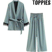 Toppies 2020 синее кимоно с принтом, куртка с рукавами-перьями, свободные брюки Cuasal, женские винтажные костюмы одежды 2024 - купить недорого