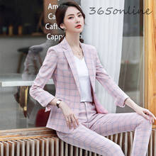 High Quality Fabric Elegant Pink Plaid Formal Uniform Designs Pantsuits with Pants and Jackets Women Business Suits Blazers Set 2024 - buy cheap