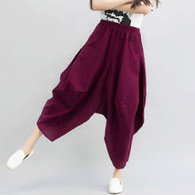 Wide Leg Harem Pants Trousers 2021 Chinese Style Streetwear Women Ethnic Vintage Elastic Waist Loose Long Cotton Linen Pants 2024 - buy cheap