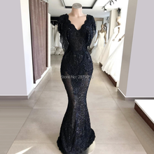 Muslim V-Neck Black Evening Dresses Mermaid Prom Dress With Lace Beads For Sale Islamic Formal Party Dress Haute Couture Dubai 2024 - buy cheap