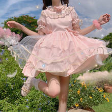 Sannian-vestido de malla japonés Lolita para mujer, ropa de verano con lazo de hoja de loto, cintura alta, Swing grande, manga corta 2024 - compra barato