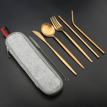 Travel Rose Gold Dinnerware Set with Reusable Metal Straw Cutlery 18/10 Stainless Steel Spoon Fork Silverware Portable Pouch 2024 - buy cheap