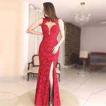 Sexy Full Lace Red Evening Dresses High Side Split Floor Length Formal Party Prom Gowns Special Occasion Dresses Vestidos 2024 - buy cheap
