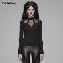 PUNK RAVE Women's Gothic Stand Collar Mesh Sheer Long Sleeved T-shirts Punk Personality Sexy Casual Women Tops Tees Streetwear 2024 - compre barato