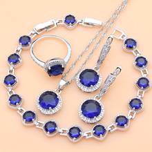 Conjunto de joyas de plata 925 para mujer, conjunto de pendientes/colgante/anillos/pulsera/Collar, piedra blanca, zafiro azul 2024 - compra barato