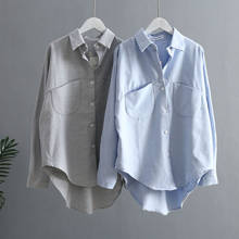 Camisas de manga larga con botones para mujer, Tops coreanos, Blusas femeninas, empalme de bolsillo azul, Otoño, 2021 2024 - compra barato