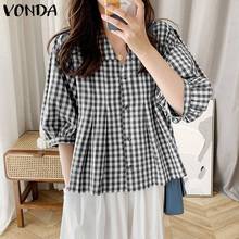 Женские летние топы VONDA, пикантная плиссированная блузка с V-образным вырезом и рукавом до локтя, богемные блузы, женские винтажные клетчатые офисные рубашки 2024 - купить недорого