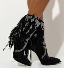 Botas femininas de tornozelo com borla e strass, sapatos baixos de salto fino pontudo, com rebites e borla, preto, dropshipping 2024 - compre barato