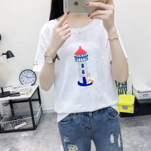 Women's Lighthouse Embroidery Cotton T Shirts 2020 Spring Femme Short Sleeve O-Neck Lace Up T Shirt Femme Casual Loose Tops 2024 - buy cheap