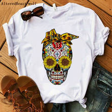 Women Fashion Harajuku Sugar Skull Bandana Sunflowers Print T-shirt Women Short Sleeve Hip Hop Tee Tops Funny Clothes 2021 2024 - buy cheap