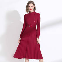 Pleated Dress Women 2020 Spring Fashion Stand Collar Long Sleeved Slim Waist Wine Red Ladies Classy Dress Over The Knees M-XXL 2024 - buy cheap