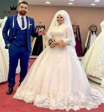 Vestidos de noiva muçulmano vestido de baile manga longa tule rendas flores frisado luxo formal vestido de noiva feito sob encomenda de26 2024 - compre barato