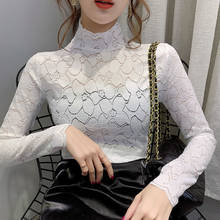 Women Lace Blouses Shirt Turtleneck Long Sleeve Sexy Mesh Hollow out Tops Fashion Solid Black White Spring Autumn Pullovers 2024 - buy cheap