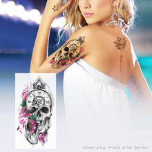 Moda feminina menina à prova dwaterproof água tatuagem temporária crânio adesivo preto rosas design flor braço arte do corpo falso tatuagem adesivo homem 2024 - compre barato