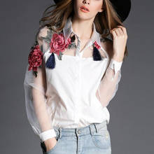 Blusa de manga larga bordada con hombros descubiertos para mujer, camisa de trabajo de oficina, malla, color blanco 2024 - compra barato