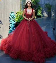 Lindos vestidos de baile de tule vermelhos e luxuosos, vestidos femininos com rendas frisadas para festa de casamento com babados, vestidos de baile de malha de tule 2024 - compre barato