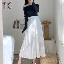 Coreano saias plissadas chiffon longo midi saias roupas femininas 2021 primavera verão elegante preto branco saias de cintura alta nova 2024 - compre barato