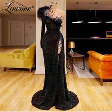 Black One Shoulder Glitter Party Dress Feather Long Prom Dresses 2020 New Arrival Saudi Arabic Formal Kaftans Evening Gowns 2024 - buy cheap