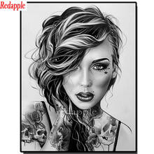 Menina dominadora tatuagem pintura diamante quadrado completo broca redonda mosaico quebra-cabeça imagem de strass bordado preto branco arte 2024 - compre barato