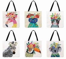 Watercolor Animal Printing Tote Bag For Women Shoulder Bag Linen Febric Casual Tote  Foldable Shopping Bag Reusable Beach Bag 2024 - buy cheap