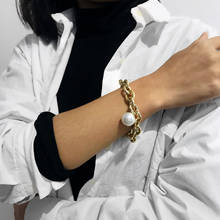 Punk miami curb cubana pulseira de corrente grossa pulseira de metal pesado grande pérola pulseira de pulso corrente amigo casal jóias 2024 - compre barato