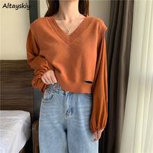 Pullovers Women V-neck Long Lantern Sleeve Hollow-out Casual Loose 5 Colors Korean Fake Two-piece Knitting Spring Streetwear Ins 2024 - buy cheap