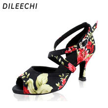 DILEECHI Black flower satin Latin dance shoes Adult women's soft outsole Ballroom dancing shoes English Puggaard 7.5CM 2024 - buy cheap