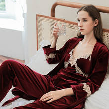 Sanderala 3 Pcs Women Sexy Pajamas Set V-neck Nightgown Plus Size Warm Sleepwear Ladies Bathrobe Multi Lingerie Robe Sets 2024 - buy cheap