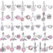 Pingente banhado a prata, 2 peças, cor rosa, coração de amor, contas, charmoso, ajuste original de marca, pulseiras, colares para mulheres, fabricação de jóias 2024 - compre barato