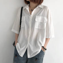 Camisa blanca de algodón puro para mujer, blusa holgada coreana con diseño de Bolsillo grande, blusa informal de manga corta, Tops con botonadura única zh638 2021 2024 - compra barato