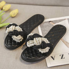 famous brand pearl beading slippers women black/white rope knitting flip flops designer plaid bottom beach sandalias mujer slide 2024 - buy cheap